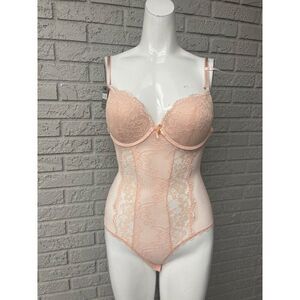 NWT Daisy Fuentes Women Peach Push-Up Sheer Lace Teddy Size L